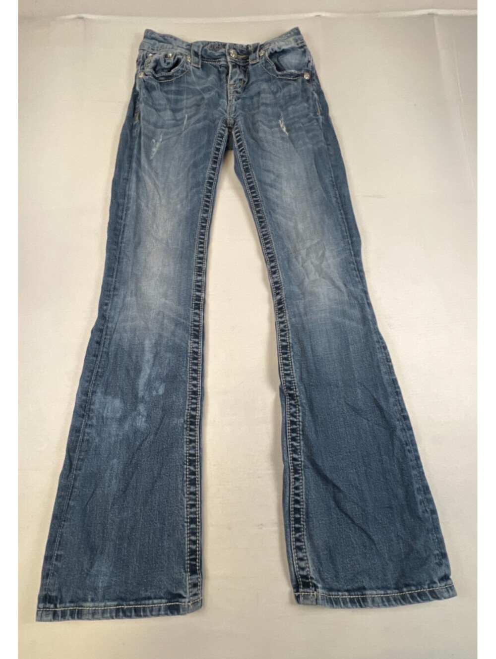Miss Me Women 26 Mid Rise Bootcut Jeans Blue Denim Embellished Flap Pockets